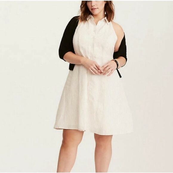 TORRID 100% Linen Fluted Pinstripe Skater Sleeveless Dress Ivory Sz 1X {EE31} - Picture 1 of 7